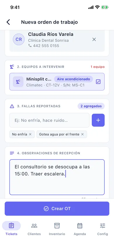Nueva OT: equipos del cliente y fallas reportadas