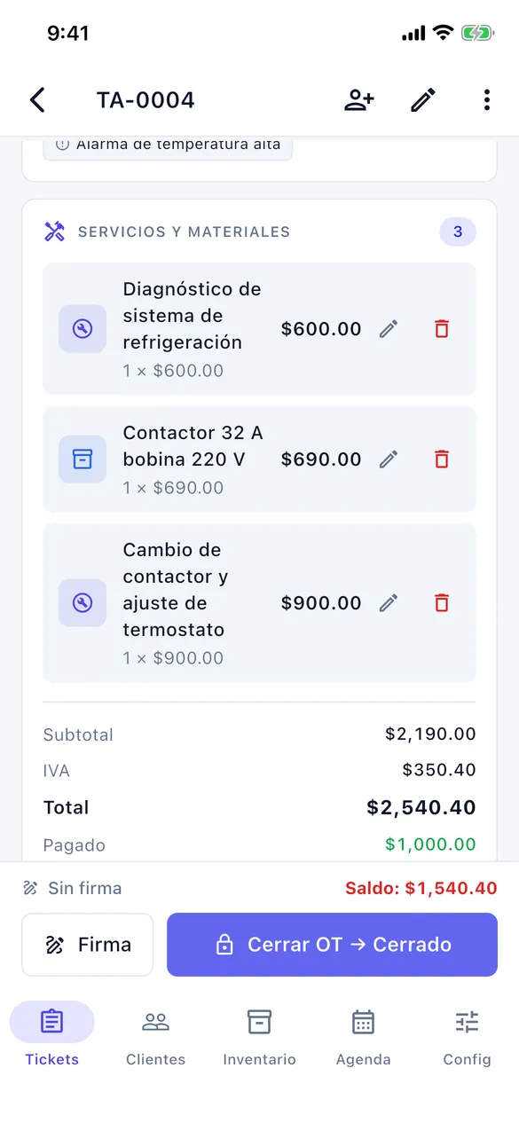 Detalle de una OT vista por el dueño: servicios con cantidad y precio