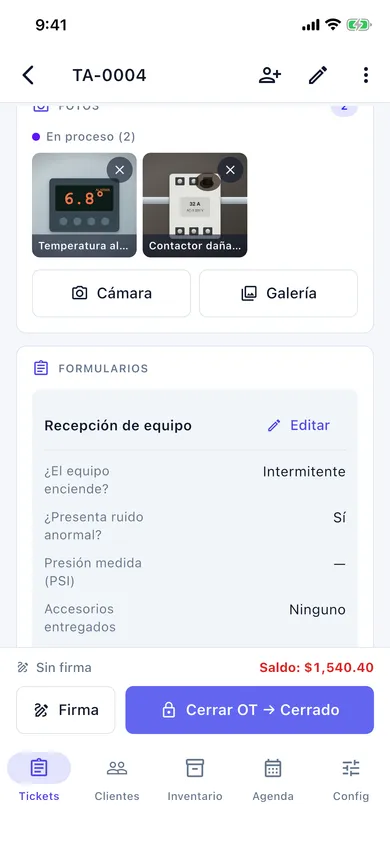 Fotos de la OT agrupadas por etapa y el formulario de recepción