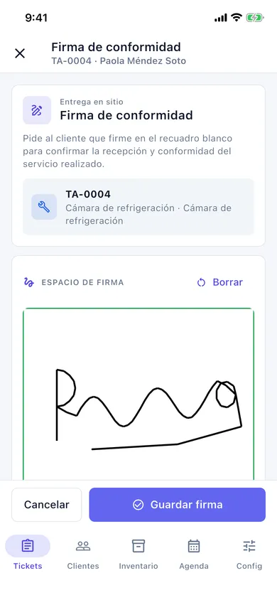 Firma de conformidad del cliente en el teléfono