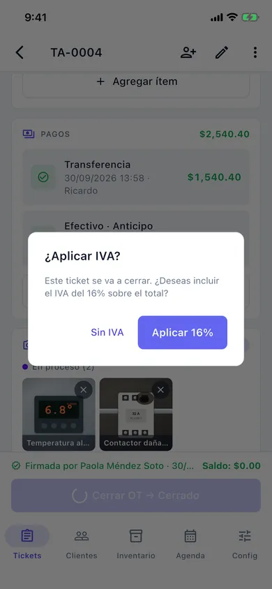 Al cerrar la OT, la app pregunta si se aplica el IVA