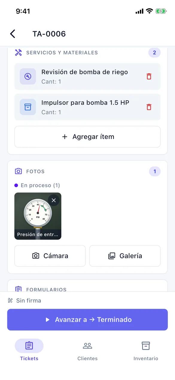 La misma OT vista por un técnico: servicios con cantidad pero sin importes