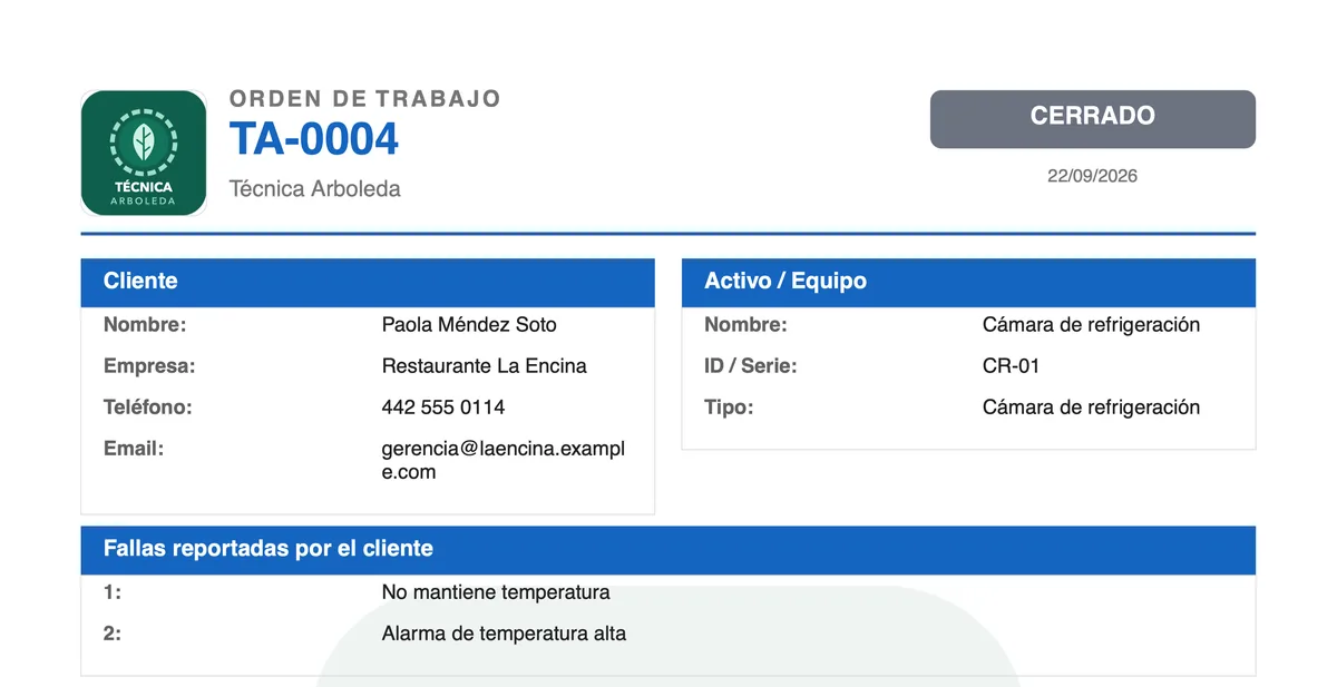 Primera hoja del PDF de la orden de trabajo TA-0004 con el logo del negocio, el cliente, el equipo y las fallas