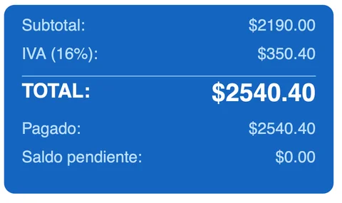 Totales del PDF: subtotal, IVA 16 %, total, pagado y saldo pendiente