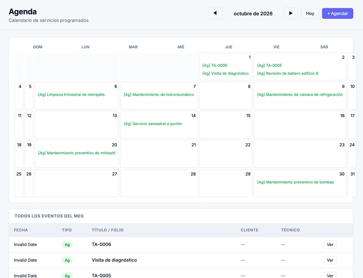 Calendario del mes con órdenes programadas y citas de mantenimiento